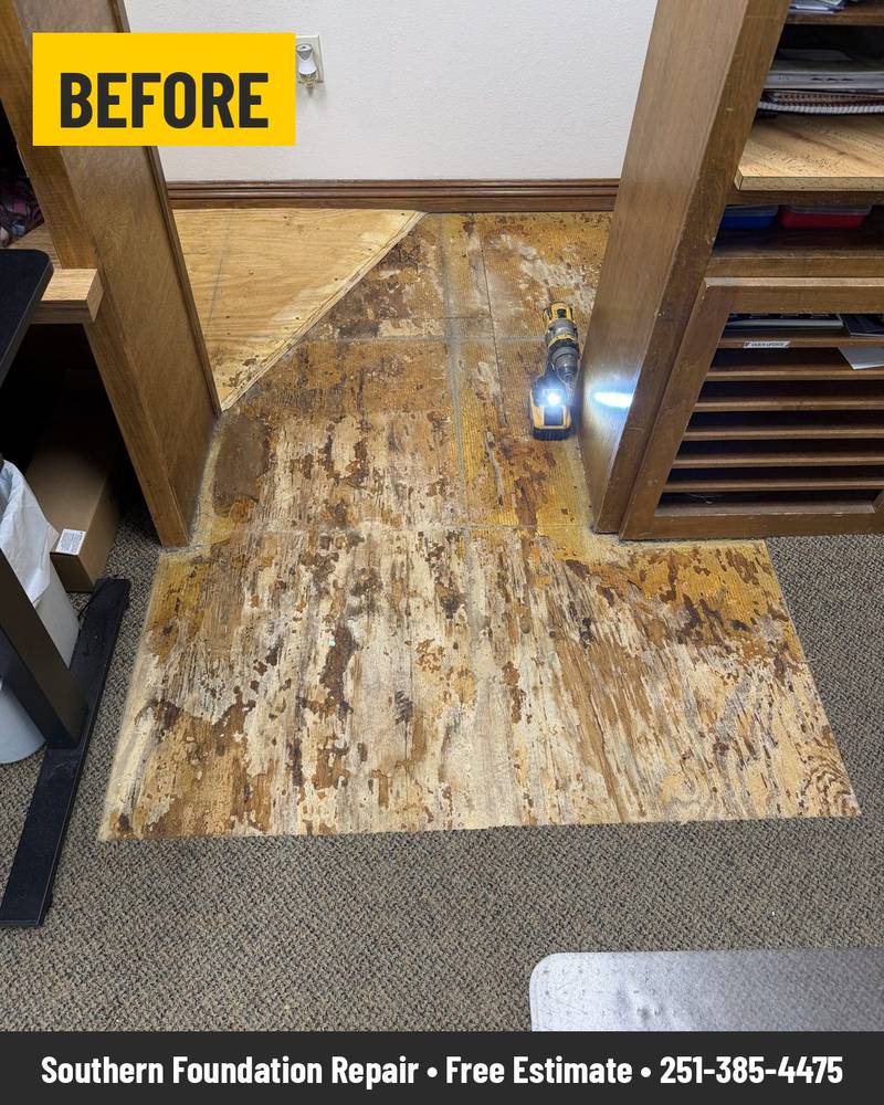 Before: Damaged subfloor between built-in cabinets