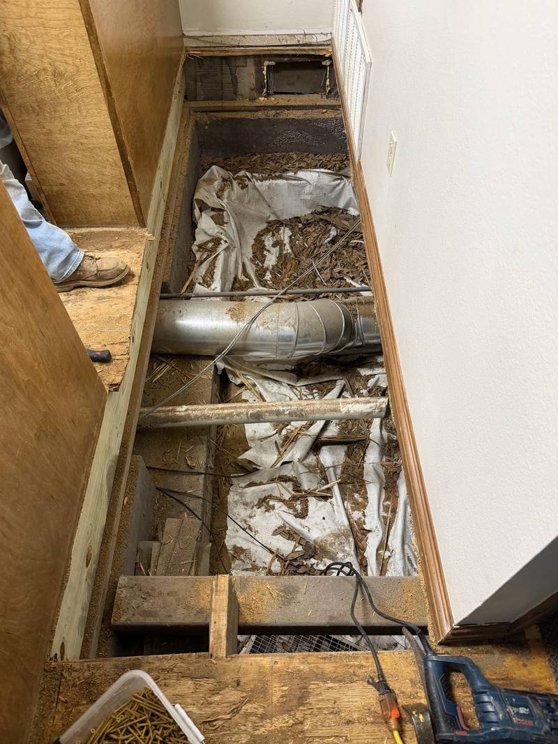 Under-floor framing and crawl space opened for repair