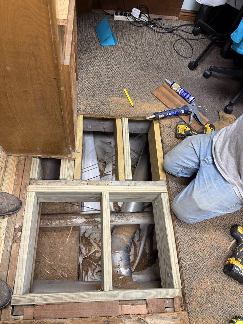 New joists framed into an opened-up floor